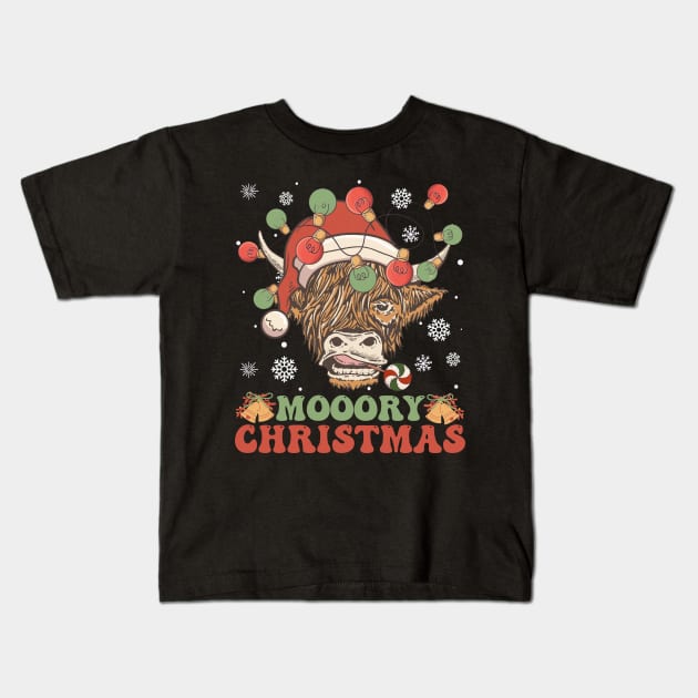 Scottish Highland Cow With Santa Hat Funny Moory Christmas Kids T-Shirt by DenverSlade